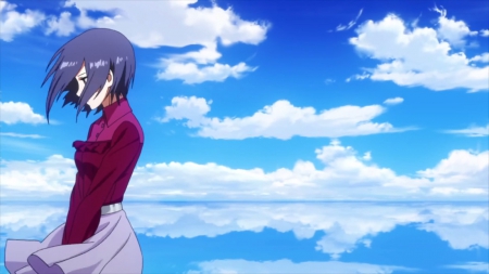 Blue Sky - pretty, anime, female, scenery, windy, scene, dress, touka kirishima, touka, flowing, nice, sky, gown, anime girl, skirt, flow, beautiful, girl, scenic, beauty, lovely, sweet, wind, cloud, tokyo ghoul, blowing, kirishima touka, blow