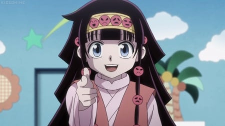 Bang! - pretty, anime, kawaii, female, point, long hair, happy, hunter x hunter, nice, smiling, anime girl, girl, alluka, lovely, sweet, smile, pointing, black hair, cute, adorable