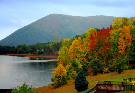 Fall scene - lake, autumn, mountain, trees, shore, lovely, nature, fall, river, beautiful, scenery