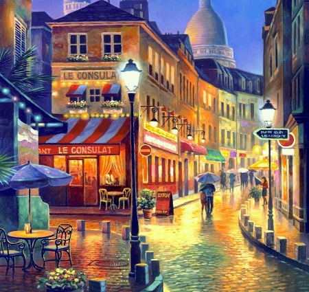 Night Stroll - coffee shop, attractions in dreams, romantic, creative pre-made, beautiful, paintings, stroll, restaurants, colors, night, light, stunning, cities, places, love four seasons