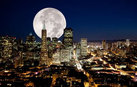 Full Moon Over City - moon, lights, city, buildings, sky