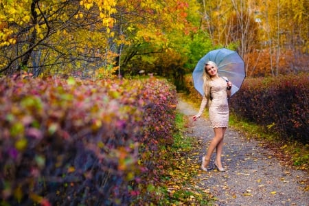 Autumn Stroll - women, hedge, trees, umbrella, autumn leaves, park