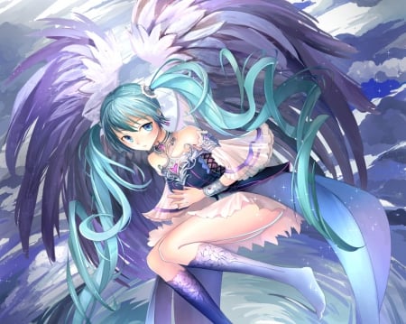 Purple Feather - pretty, anime, vocaloid, twin tail, female, wing, miku hatsune, twintail, dress, hatsune miku, angel, long hair, blue hair, nice, twin tails, gown, anime girl, autiful, twintails, beautiful, hot, girl, feather, beauty, lovely, sweet, miku, wings, hatsune, sexy, vocaloids