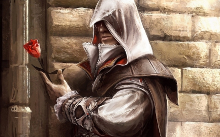 A rose for assasin's love - red, flower, rose, creed, game, art, fantasy, assassin, guy, man