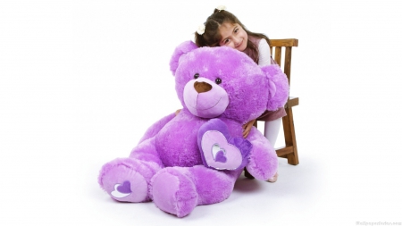 Love for toys - girl, heart, child, white, purple, chair, pink, cute, teddy bear