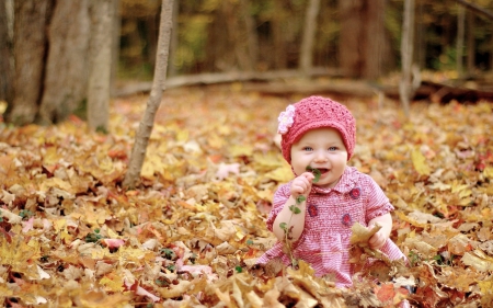 Happy Autumn! - hat, mood, yellow, girl, forest, pink, baby, child, smile, toamna, autumn, cute, leaf