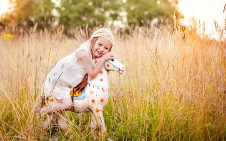 Love for toys - horse, child, funny, cute, girl, white, toy, cowgirl, field