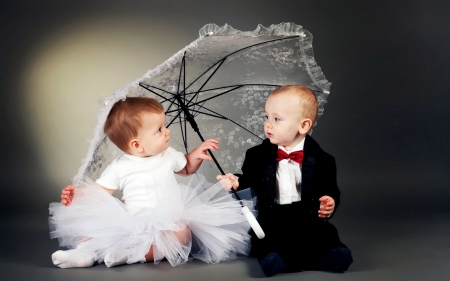 Let's get married! - couple, girl, bride, child, black, white, children, umbrella, boy, cute, dress