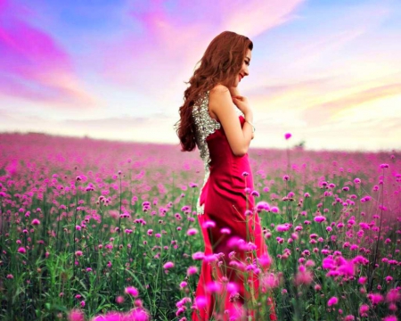 Girl in Flower Field - woman, sky, field, flowers