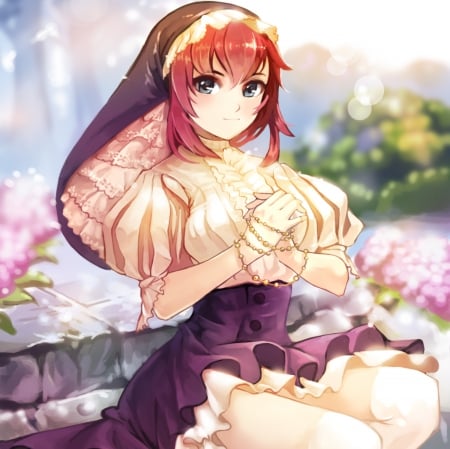 Milady - nice, female, anime girl, nun, gorgeous, pretty, anime, blouse, garden, maiden, lady, skirt, girl, blushing, long hair, lovely, divine, cg, hd, sublime, sweet, smile, blush, dress, happy, flower