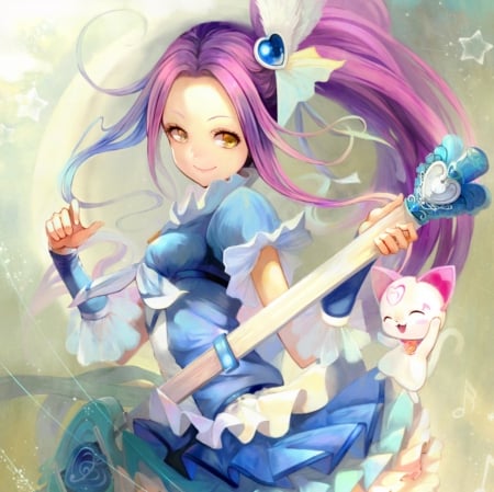 Music Beat - pretty, anime, kawaii, female, guitar, cure beat, kitten, long har, nice, purple hair, anime girl, beautiful, girl, beauty, lovely, sweet, cat, pretty cure, precure, magical girl, cute, suite precure, adorable, kitty