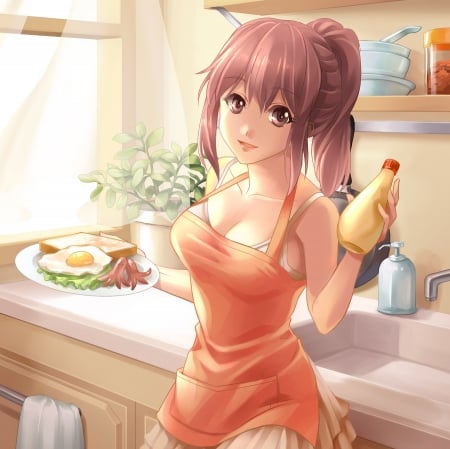 Break Fast - hot, anime girl, window, breakfast, food, bread, lady, sexy, vegetable, toast, ponytail, sink, long hair, apron, beautiful, sweet, plate, nice, beauty, kitchen, female, smiling, vege, brown hair, home, pretty, anime, egg, house, maiden, girl, squid, lovely, cg, hd, smile