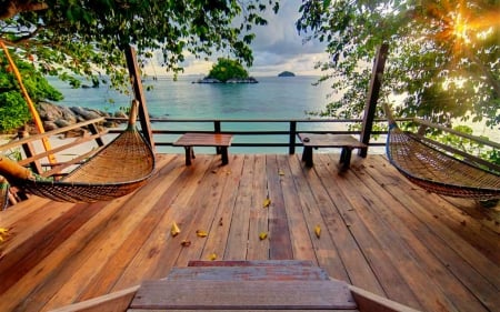 Veranda - wood, veranda, sea, flat form