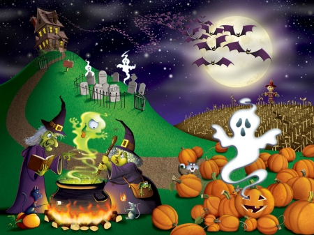 Halloween Eve - witches, spider, witch hats, pumpkins, book, scarecrow, hats, tombstones, stars, path, bats, caldron, fire, cats, mice, frog, house, hill, moon, sign, fences, Halloween, full moon, ghosts, corn field