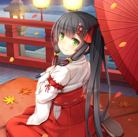 Kimono Chan - pretty, anime, kawaii, female, green eyes, long hair, japan, oriental, umbrella, hd, nice, anime girl, girl, kimono, lovely, sweet, yukata, cg, black hair, cute, adorable, japanese