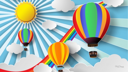 Rainbow Balloons - fun, sunshine, rainbow, bright, hot air balloons, clouds, 3d, sunrays, smile, happy