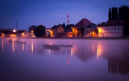 Twilight - nature, houses, reflection, water, twilight, sunrise