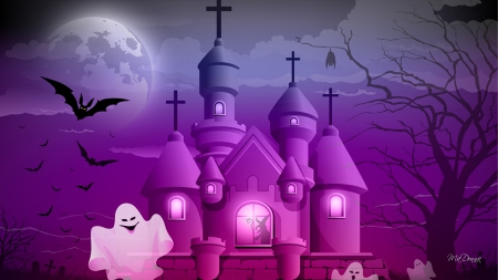 Ghosts and Bats - witch, cathedral, moon, bats, Halloween, pink, ghosts