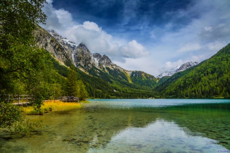 Lake Anterselva - valley, italy, snowy peaks, crystal clear waters, mountains, forest, beautiful, clouds, alps, grass