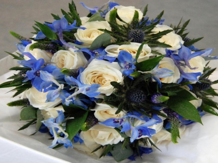 Bouquet - flowers, white, blue, wedding, lovely, bouquet