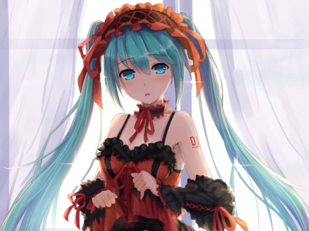 Lolita - miku, hatsune, miku hatsune, beautiful, vocaloids, hot, anime girl, girl, lolita, green hair, pretty, twin tails, beauty, sweet, window, vocaloid, anime, twintail, twintails, dress, twin tail, long hair, loli, nice, lovely, sexy, female, curtain, hatsune miku