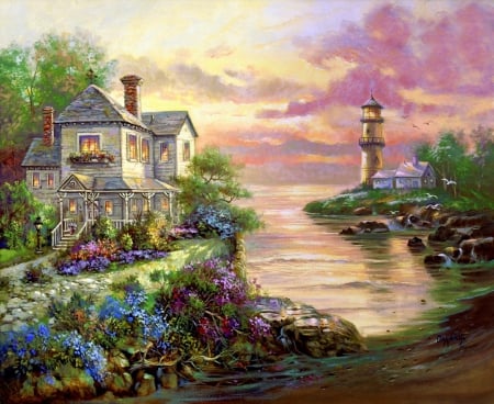 Lighthouse Point - trees, oceans, attractions in dreams, creative pre-made, beautiful, paintings, splendor, colors, architecture, flowers, nature, places, lighthouses, love four seasons, houses, rural