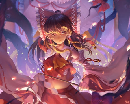 Shrine Maiden - beautiful, hakurei reimu, hot, anime girl, girl, shrine maiden, ribbon, fantasy, magic, hakurei, touhou, pretty, beauty, sweet, brown hair, anime, reimu hakurei, dress, long hair, reimu, nice, lovely, sexy, female