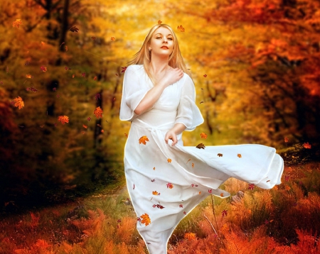 ~The Path of Autumn~ - people, creative pre-made, beautiful, digital art, models, weird things people wear, colors, lovely, emotional, leaves, girls, fall, lady, autumn, love four seasons