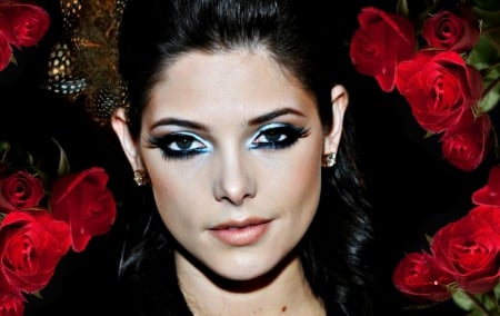 Ashley Greene - by cehenot, girl, beauty, flower, actress, black, make-up, Ashley Greene, red, woman, rose, face, feathers