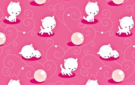 Kittens - white, cat, pink, pattern, ball, texture, kitten