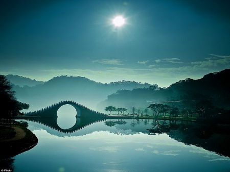 Misty blue - misty, water, blue, bridge