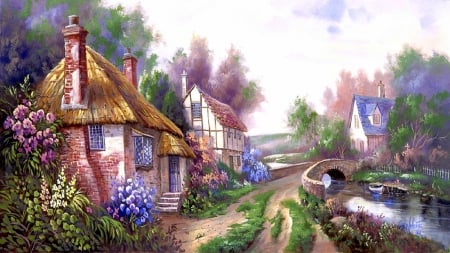 Holly Village Road - attractions in dreams, houses, trees, villages, stunning, creative pre-made, nature, love four seasons, home, beautiful, architecture, paintings, flowers, colors