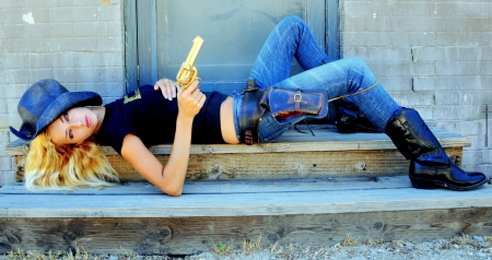 Gun Toting Cowgirl - jeans, cowgirl, boots, gun