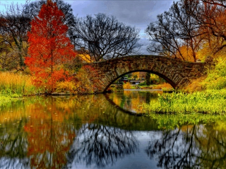 Autumn bridge reflection - nature, autumn, bridge, river