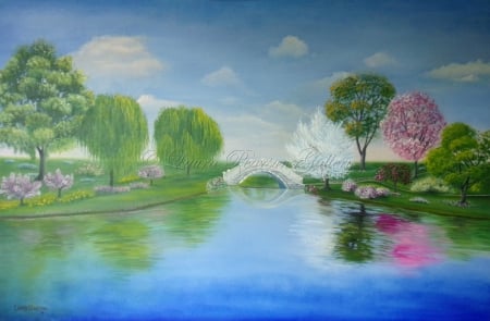 Spring afternoon- oil on canvas - fields, sky, autumn, lake, trees, spring, nature, fall, river, beautiful