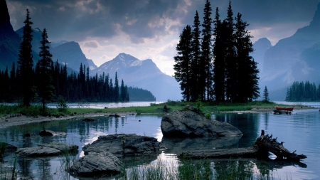 Small Island on the Lake - nature, lakes, trees, clouds, islands, mountains, rocks