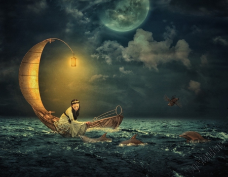 Fantasy - abstract, fantasy, lady, boat