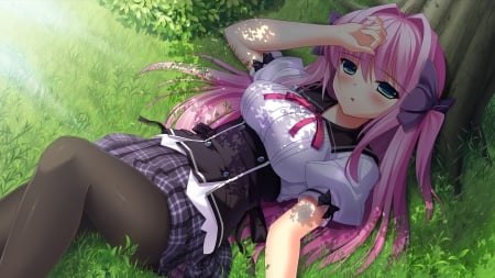 Cozy Shade - pretty, blushing, anime, female, dress, grass, long hair, field, nice, miniskirt, pink hair, gown, anime girl, laying, skirt, beautiful, girl, blush, beauty, lovely, sweet, tree, blouse, lay