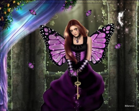 PURPLE FAIRY - KEY, WINGS, DRESS, PURPLE, FAIRY, FEMALE, BUTTERFLIES