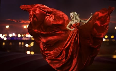 City Wind - women, sky, city lights, clouds, red silk gown, wind