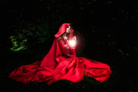 Red Riding Hood - women, stars, trees, forest, woods, lantern, red cloak