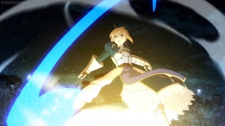 Saber - blond hair, blonde, fate stay night, anime, anime girl, girl, dress, knight, long hair, blond, magic, glowing, light, armor, female, saber