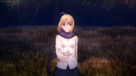 Your Hand - nice, beauty, female, blond, anime girl, field, blond hair, pretty, blonde hair, hand, anime, cute, scene, girl, adorable, night, scarf, lovely, fate stay night, kawaii, beautiful, scenery, sweet, blonde