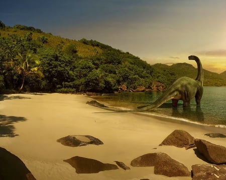 jurassic dinosaur - hill, jurassic, beach, dinosaur