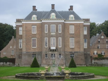 Castle - sky, ancient, trees, photography, view, fountain, abstract, castle, clouds, tree, grass, garden