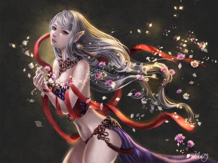 fantasy women - ribbon, girl, fantasy, magic