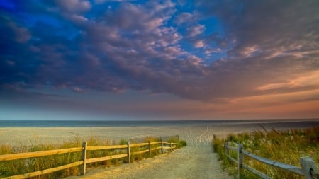 Gate to the Beach - clouds, sunset, beach, ocean, fence, sand