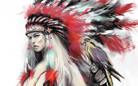 Indian girl and bird - woman, indian, hat, girl, black, fantasy, bird, white, art, draw, red, feather, hawke