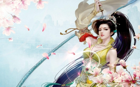 Beauty - flower, pink, game, sakura, girl, blue, fantasy, petals, asian, woman, green