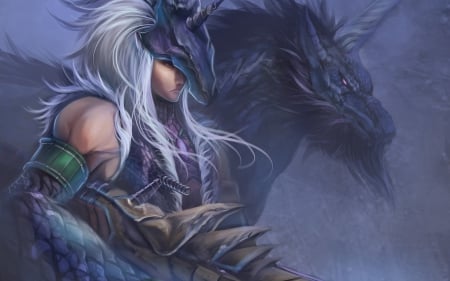 Dragon and hunter - game, fantasy, dragon, blue, art